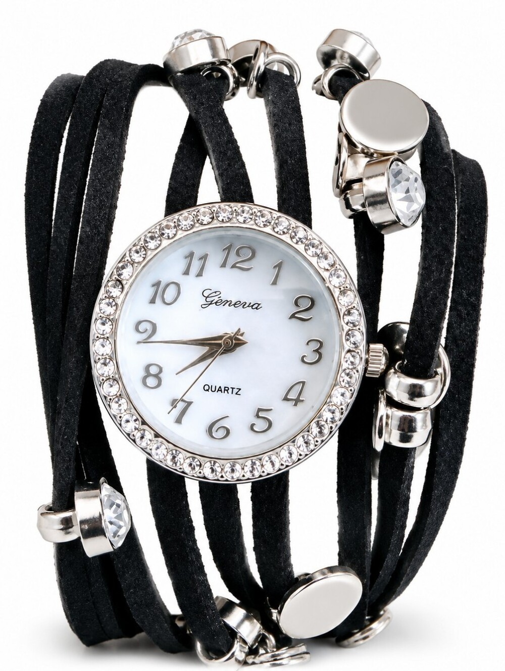 Geneva Rhinestone Wrap Bracelet Watch Black Faux Suede Multi Strand Women's